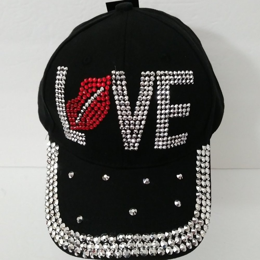 Lips Love Embellished Black Baseball Hat